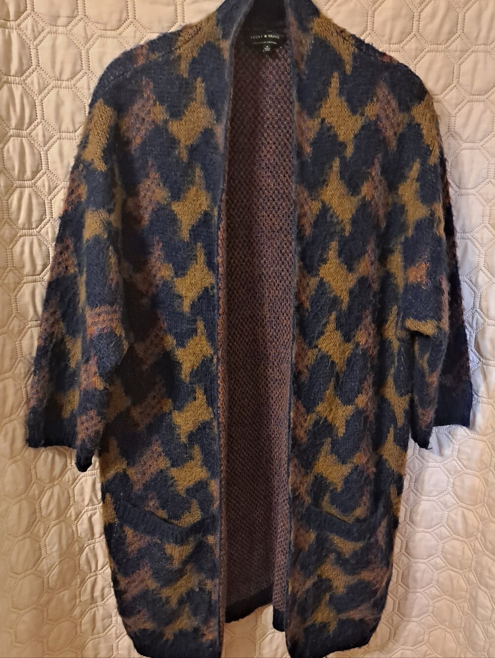 Lucky Brand Navy and Mustard Houndstooth Open Cardigan Sz S